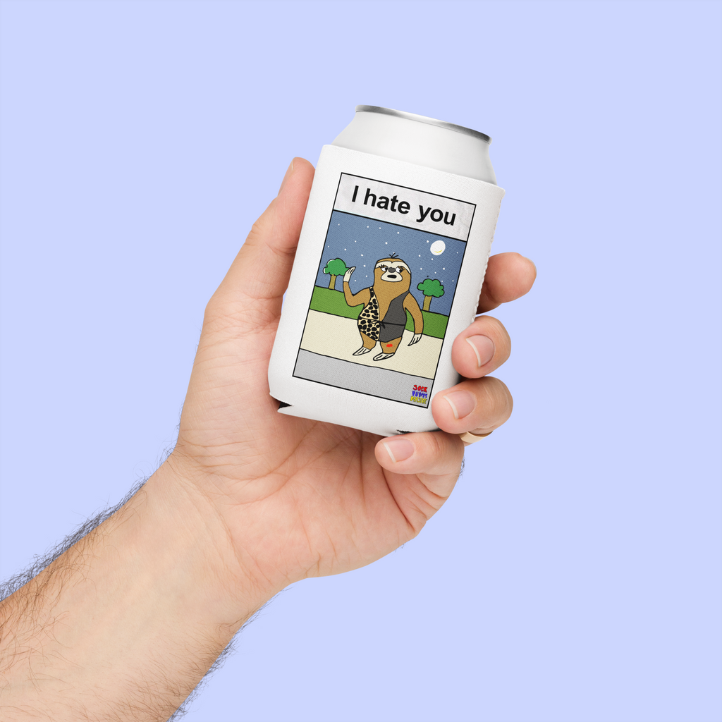 Sock Puppet Master "I hate you" Sloth Can Cooler