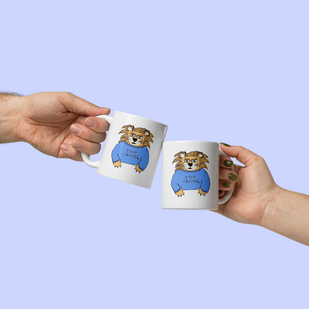 Sock Puppet Master "Stop Crying" Lion Mug