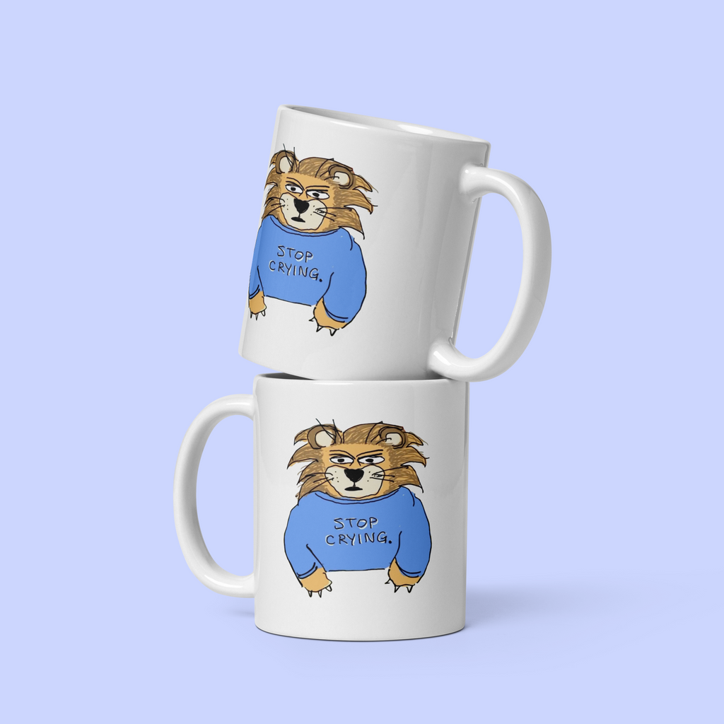 Sock Puppet Master "Stop Crying" Lion Mug
