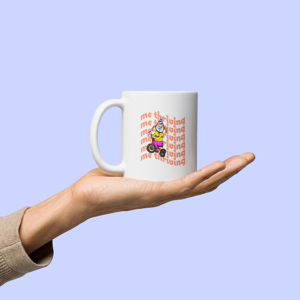 Sock Puppet Master "Me Thriving" Tricycle Girl Mug